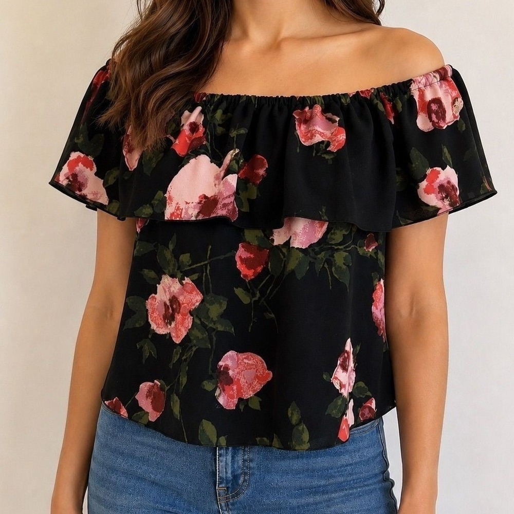 Wilfred Black Pink Floral Off Shoulder Ruffle Blouse Size‎ XS